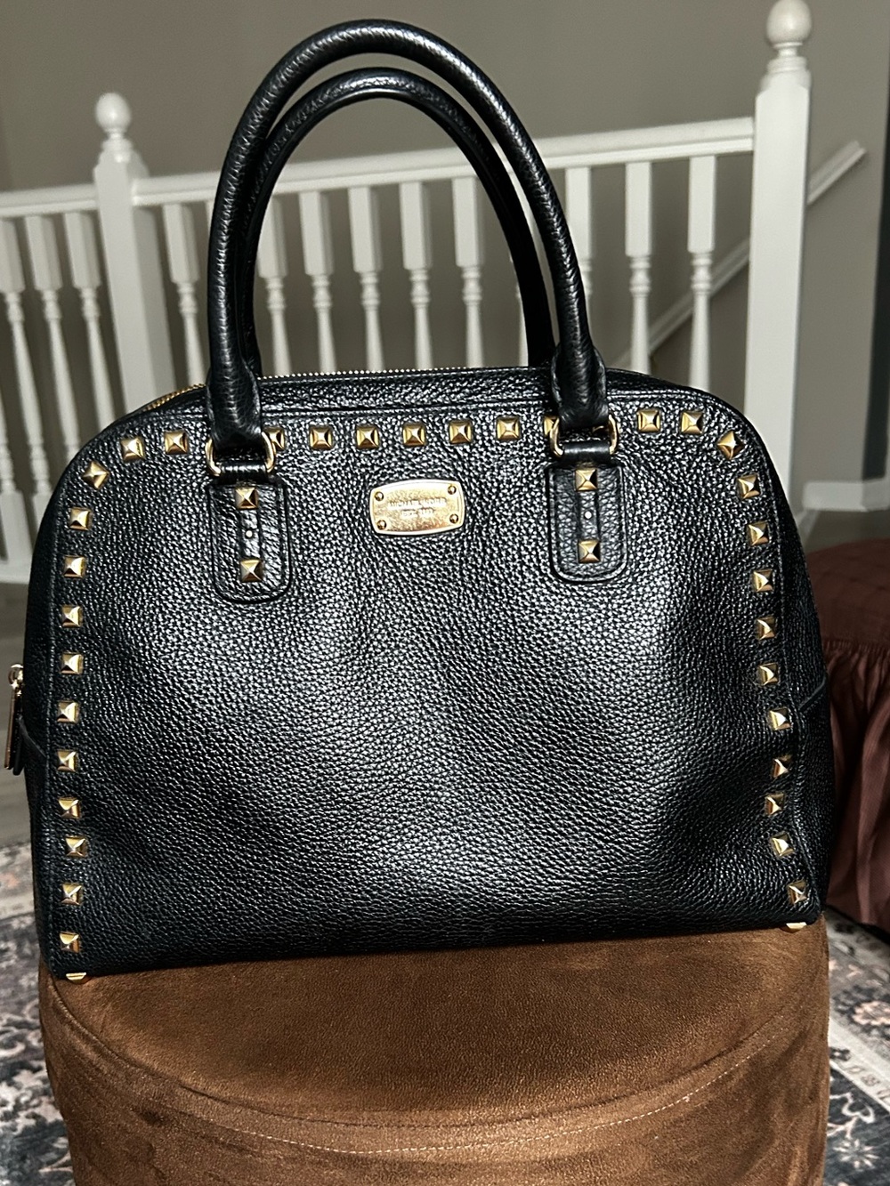 Michael Kors Sandrine Studded Leather Large Satchel Bag Black and Gold A - Picture 8 of 17